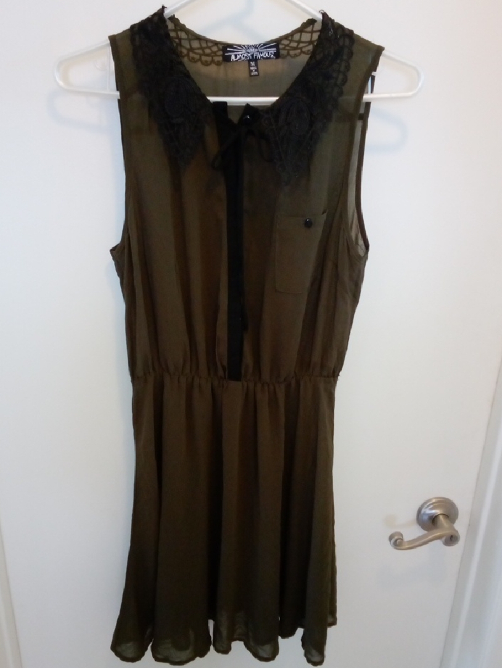 Almost Famous Olive Green Sleeveless Dress with Black Lace Collar